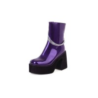Chunky Heels Platform Chain Decorated Patent Ankle Boots with Side Zipper - Purple