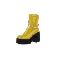 Chunky Heels Platform Chain Decorated Patent Ankle Boots with Side Zipper - Yellow