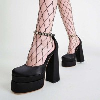 Chunky Heels Crystal Embossed Ankle Buckle Strap Spring Sandals - Black