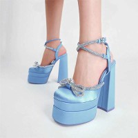 Chunky Heels Crystal Ribbon Ankle Buckle Strap Spring Sandals - Blue