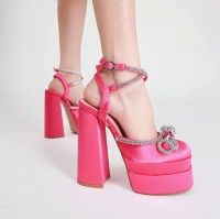 Chunky Heels Crystal Ribbon Ankle Buckle Strap Spring Sandals - Pink