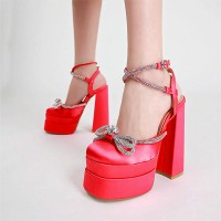 Chunky Heels Crystal Ribbon Ankle Buckle Strap Spring Sandals - Rose