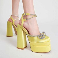 Chunky Heels Crystal Ribbon Ankle Buckle Strap Spring Sandals - Yellow