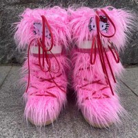 Anime Hello Kitty Soft Calf High Fluffy Boots - Pink