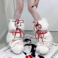 Anime Hello Kitty Soft Calf High Fluffy Boots - White Red Faux Fur