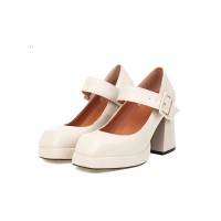 Chunky High Heels Square Toe Platform Pumps Mary Janes Buckle Strap Matte Sandals - Beige