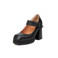 Chunky High Heels Square Toe Platform Pumps Mary Janes Buckle Strap Matte Sandals - Black