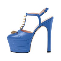 Chunky Heels Platform Rivet Decorated Ankle Buckle T Straps - Blue