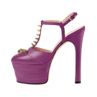 Chunky Heels Platform Rivet Decorated Ankle Buckle T Straps - Purple