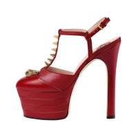 Chunky Heels Platform Rivet Decorated Ankle Buckle T Straps - Red