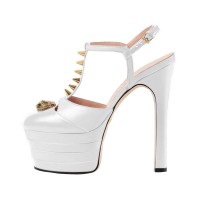 Chunky Heels Platform Rivet Decorated Ankle Buckle T Straps - White