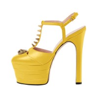 Chunky Heels Platform Rivet Decorated Ankle Buckle T Straps - Yellow