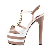 Chunky Heels Platform Peep Toe Rivet Decorated Ankle Buckle T Straps - Beige and White