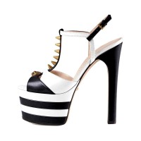 Chunky Heels Platform Peep Toe Rivet Decorated Ankle Buckle T Straps - Black and White