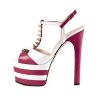 Chunky Heels Platform Peep Toe Rivet Decorated Ankle Buckle T Straps - Burgundy and White