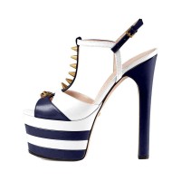 Chunky Heels Platform Peep Toe Rivet Decorated Ankle Buckle T Straps - Navy and White