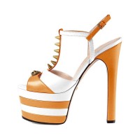 Chunky Heels Platform Peep Toe Rivet Decorated Ankle Buckle T Straps - Orange and White
