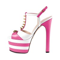 Chunky Heels Platform Peep Toe Rivet Decorated Ankle Buckle T Straps - Pink and White
