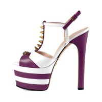 Chunky Heels Platform Peep Toe Rivet Decorated Ankle Buckle T Straps - Purple and White