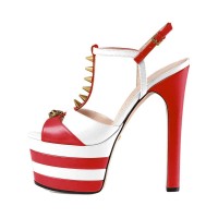 Chunky Heels Platform Peep Toe Rivet Decorated Ankle Buckle T Straps - Red and White