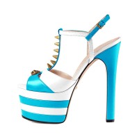 Chunky Heels Platform Peep Toe Rivet Decorated Ankle Buckle T Straps - Sky Blue and White