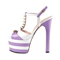 Chunky Heels Platform Peep Toe Rivet Decorated Ankle Buckle T Straps - Violet and White
