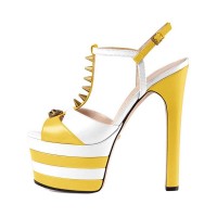 Chunky Heels Platform Peep Toe Rivet Decorated Ankle Buckle T Straps - Yellow and White