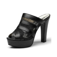 Venice Peep Toe Cuban Heels Platform Summer Slippers - Black