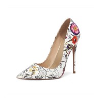Patent Leather Black Flowers Pattern Pointed Toe Stiletto Heels - White