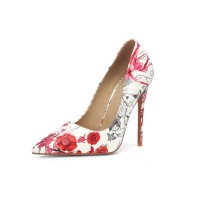 Patent Leather Red Flowers Pattern Pointed Toe Stiletto Heels - White