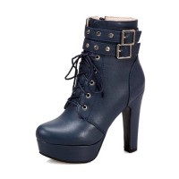 Cuban Heels Lace Up Platform Double Buckle Bondages Ankle Booties with Side Zipper - Blue