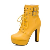 Cuban Heels Lace Up Platform Double Buckle Bondages Ankle Booties with Side Zipper - Yellow
