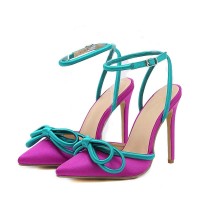 Pointed Toe Bowknot Stiletto Heels Ankle Buckle Straps Sandals - Purple Silk