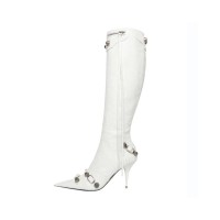 Stiletto Heels Pointed Toe Retro Metal Buckle Zipper Knee High Boots - White