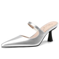 Pointed Toe Kitten Heels Summer Classic Slippers Sandals  - Silver