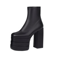 Round Toe Chunky Heels Platforms Ankle Highs Side Zipper Gothic Punk Matte Boots - Black