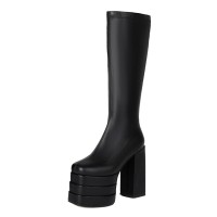 Round Toe Chunky Heels Platforms Knee Highs Side Zipper Gothic Punk Matte Boots - Black