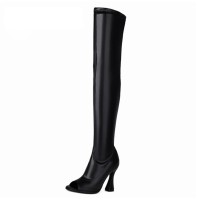 Peep Toe Chunky Heels Over The Knees Side Zipper Matte Sandals Boots - Black