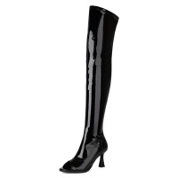 Peep Toe Chunky Heels Over The Knees Side Zipper Patent Sandals Boots - Black