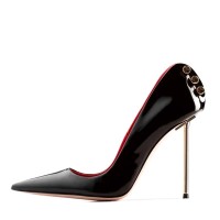 Pointed Toe Stiletto Metal Decorated Heels Banquet Pumps - Black Patent
