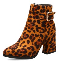 Pointed Toe Chunky Heels Side Zipper Decorated Buckle Straps Ankle Highs Leopard Booties - Auburn