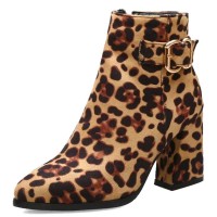 Pointed Toe Chunky Heels Side Zipper Decorated Buckle Straps Ankle Highs Leopard Booties - Yellow