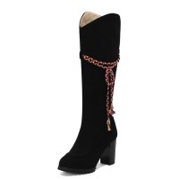 Round Toe Riband Decorated Knee High Chunky Heels Boots - Black