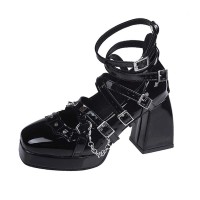 Round Toe Ankle Buckle Straps Punk Gothic Mary Janes Chunky Heels Low Platforms Pumps - Black Patent