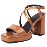 Square Open Toe Cross Ankle Buckle Straps Platforms Chunky Heels Sandals - Brown Patent