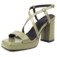 Square Open Toe Cross Ankle Buckle Straps Platforms Chunky Heels Sandals - Green Patent