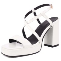 Square Open Toe Cross Ankle Buckle Straps Platforms Chunky Heels Sandals - White Patent