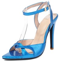 Pointed Open Toe Stiletto Heels Ankle Buckle Straps Pastel Sandals - Blue Faux Leather