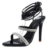 Pointed Open Toe Stiletto Heels Rhinestones Gladiator Straps Sandals - Black Patent