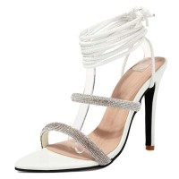 Pointed Open Toe Stiletto Heels Rhinestones Gladiator Straps Sandals - White Patent
